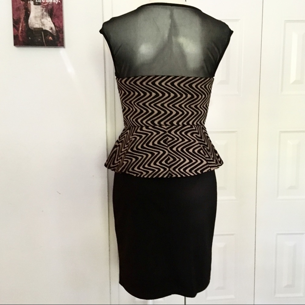 EN FOCUS STUDIO black & tan peplum dress w/ mesh - Picture 3 of 6